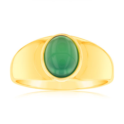Sterling Silver Gold Plated Oval Created Green Agate Ring