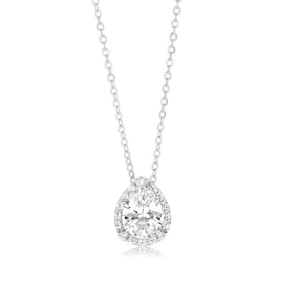 Sterling Silver Rhodium Plated Pear Shaped Zirconia Pendant On 40+5cm Chain