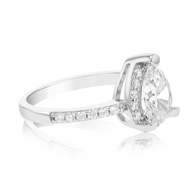 Sterling Silver Rhodium Plated Pear Shaped White Zirconia Ring