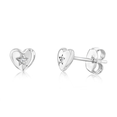 Sterling Silver Rhodium Plated White Zirconia Heart Stud Earrings