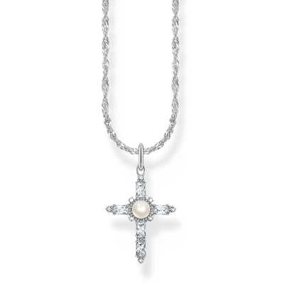 Thomas Sabo Sterling Silver True Romance Cubic Zirconia Pearl Cross Pendant On 40+45cm Chain