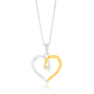 Sterling Silver Two Tone Cubic Zirconia Fancy Open Heart Pendant