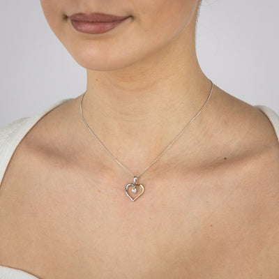 Sterling Silver Two Tone Cubic Zirconia Fancy Open Heart Pendant