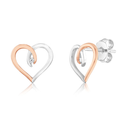 Sterling Silver Cubic Zirconia Two Tone Fancy Open Heart Stud Earrings