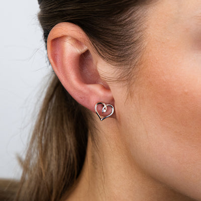 Sterling Silver Cubic Zirconia Two Tone Fancy Open Heart Stud Earrings