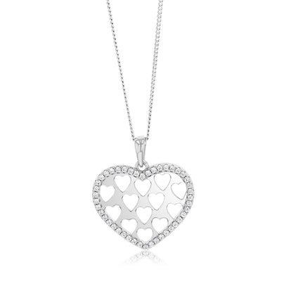 Sterling Silver Rhodium Plated Cubic Zirconia Patterned Heart Pendant