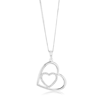 Sterling Silver Rhodium Plated Cubic Zirconia Tilted double Heart Pendant