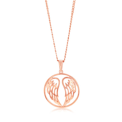 Sterling Silver Rose Gold Plated Angel Wings Round Pendant