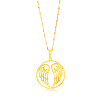 Sterling Silver Gold Plated Angel Wings Round Pendant