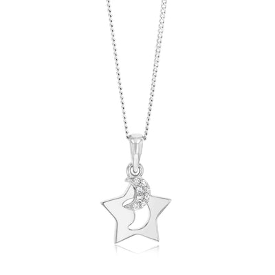 Sterling Silver Rhodium Plated Cubic Zirconia Moon And Star Pendant