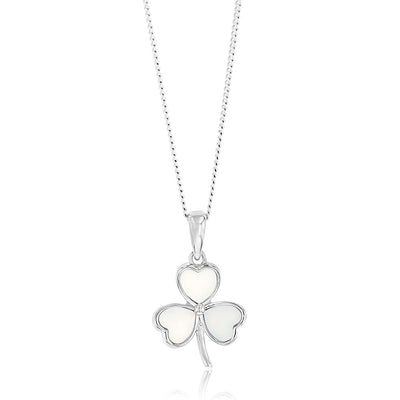 Sterling Silver Rhodium Plated White Shell Pearl Three Leaf Clover Pendant