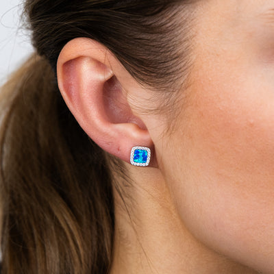 Sterling Silver Cubic Zirconia Created Blue Opal Square Stud Earrings