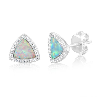 Sterling Silver Rhodium Plated Cubic Zirconia Created White Opal Triangle Stud Earrings