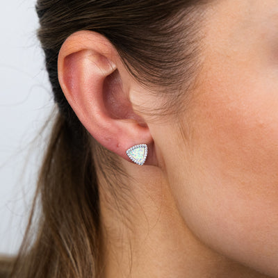 Sterling Silver Rhodium Plated Cubic Zirconia Created White Opal Triangle Stud Earrings