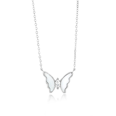 Sterling Silver Rhodium Plated Created White Opal Butterfly Pendant On Chain