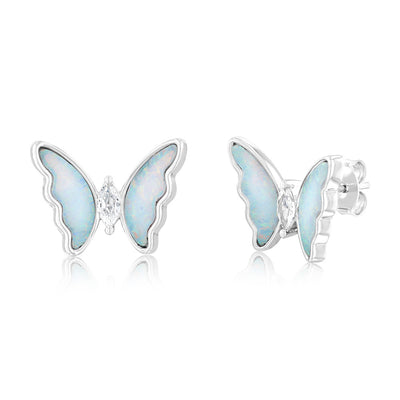 Sterling Silver Rhodium Plated Created White Opal Butterfly Stud Earrings