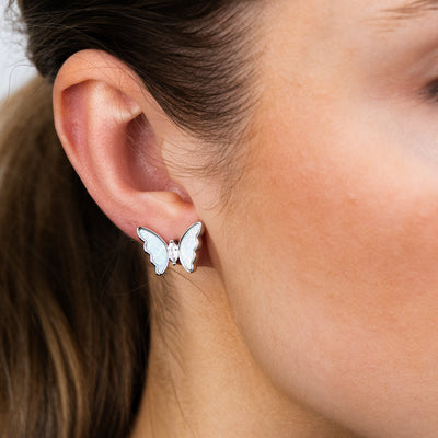 Sterling Silver Rhodium Plated Created White Opal Butterfly Stud Earrings