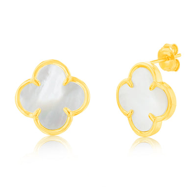 Sterling Silver Gold Plated White Shell Pearl Four Leaf Clover Stud Earrings