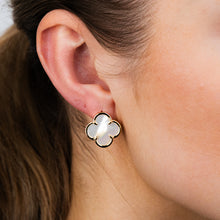 Load image into Gallery viewer, Sterling Silver Gold Plated White Shell Pearl Four Leaf Clover Stud Earrings