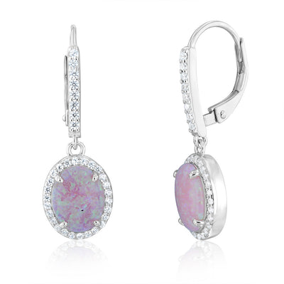 Sterling Silver Rhodium Plated Cubic Zirconia Created Pink Opal Oval Drop Earrings