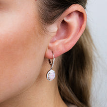 Load image into Gallery viewer, Sterling Silver Rhodium Plated Cubic Zirconia Created Pink Opal Oval Drop Earrings