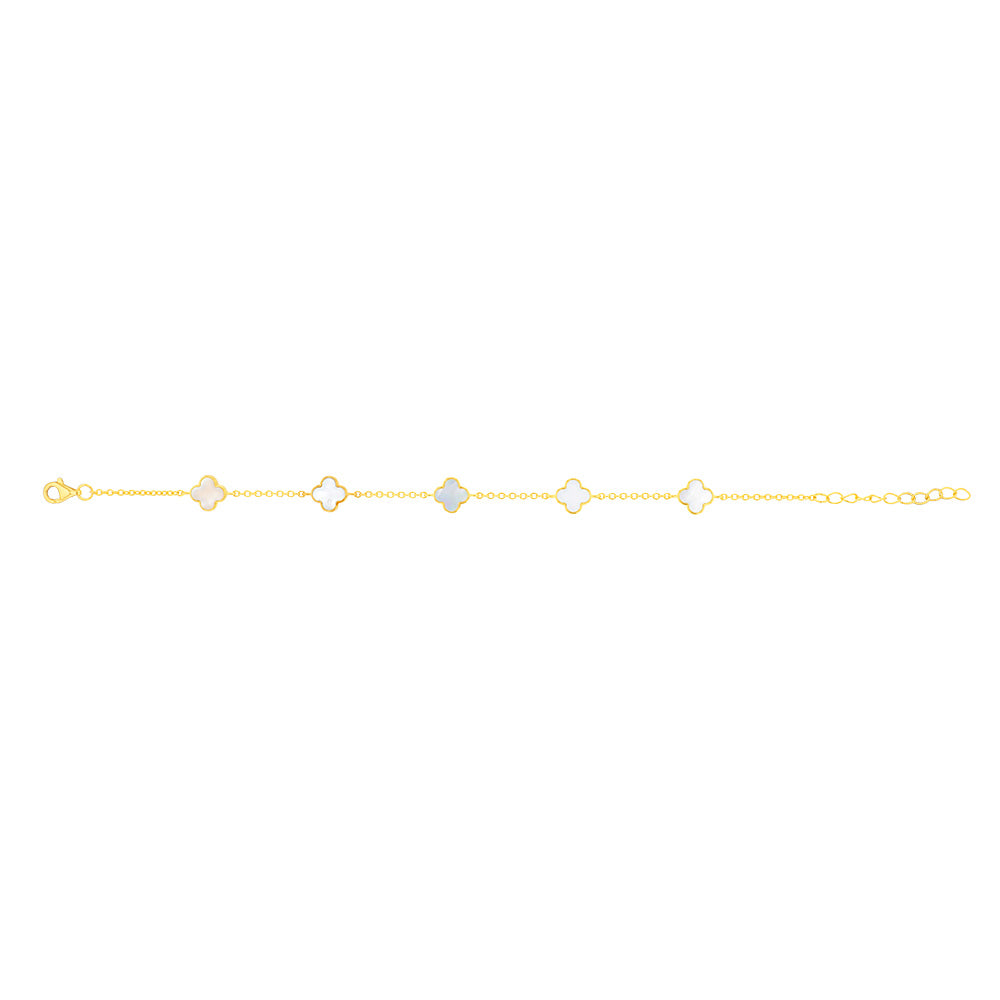 Sterling Silver Gold Plated White Shell Pearl Four Leaf Clover Charm Bracelet