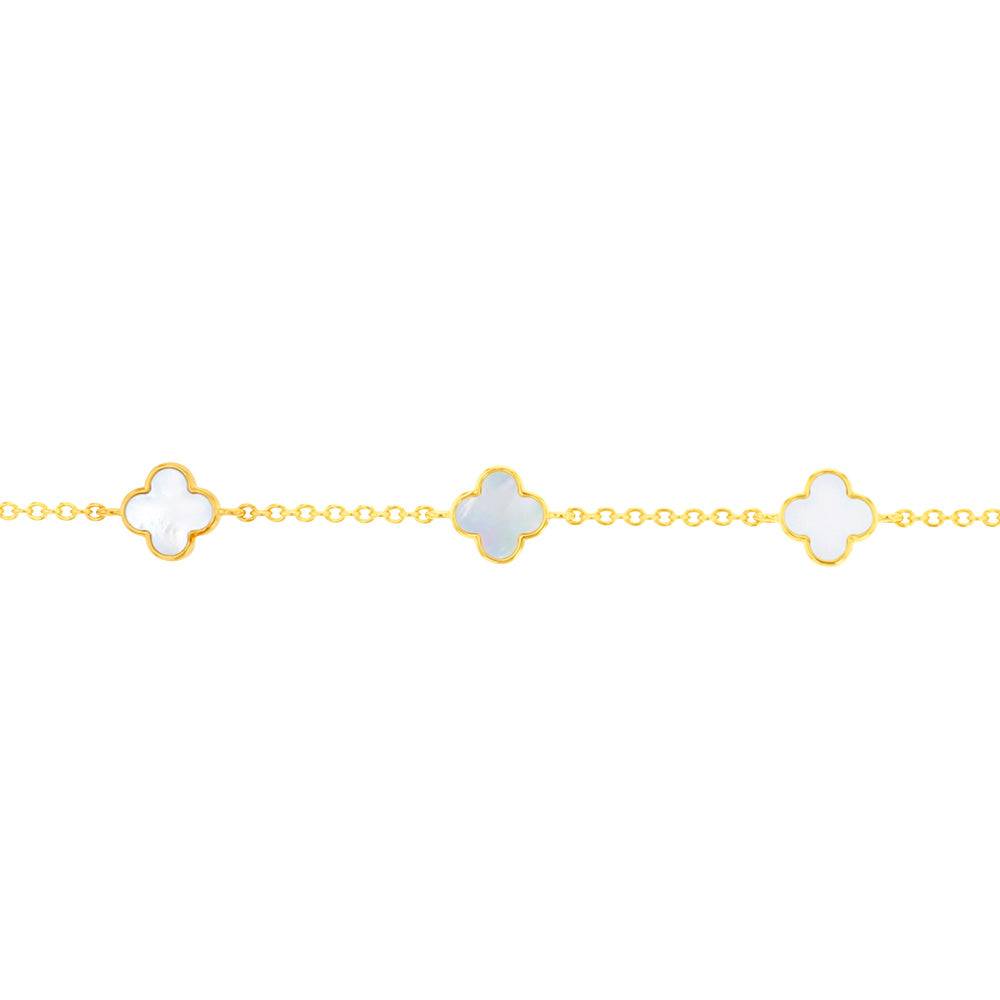 Sterling Silver Gold Plated White Shell Pearl Four Leaf Clover Charm Bracelet