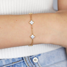 Load image into Gallery viewer, Sterling Silver Gold Plated White Shell Pearl Four Leaf Clover Charm Bracelet