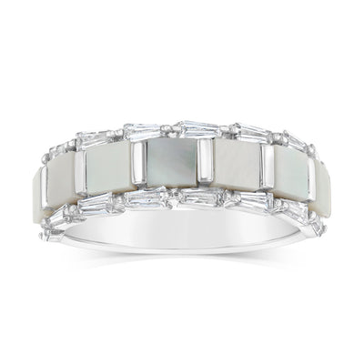 Sterling Silver Rhodium Plated White Shell Pearl Fancy Ring