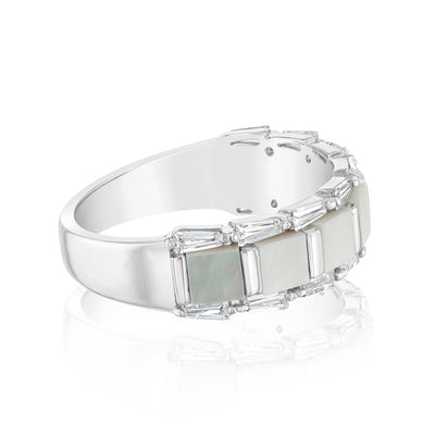 Sterling Silver Rhodium Plated White Shell Pearl Fancy Ring