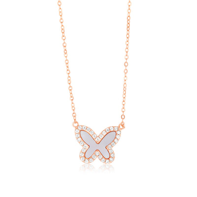 Sterling Silver Rose Gold Plated Cubic Zirconia Pink Shell Pearl Butterfly Pendant On Chain