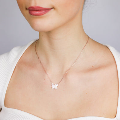 Sterling Silver Rose Gold Plated Cubic Zirconia Pink Shell Pearl Butterfly Pendant On Chain