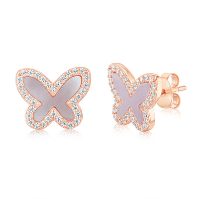 Sterling Silver Rose Gold Plated Cubic Zirconia Pink Shell Pearl Butterfly Stud Earrings