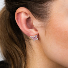 Load image into Gallery viewer, Sterling Silver Rose Gold Plated Cubic Zirconia Pink Shell Pearl Butterfly Stud Earrings