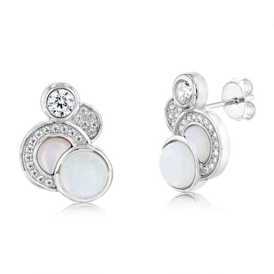 Sterling Silver Rhodium Plated Cubic Zirconia Pink Shell Pearl Moonstone Fancy Stud Earrings
