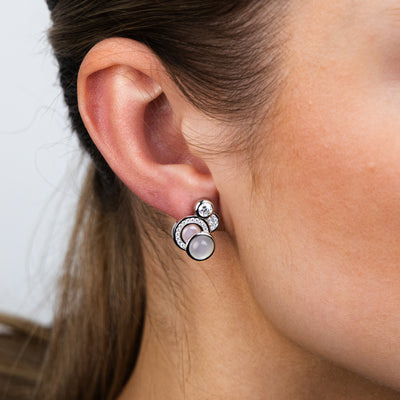 Sterling Silver Rhodium Plated Cubic Zirconia Pink Shell Pearl Moonstone Fancy Stud Earrings