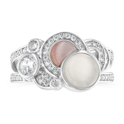Sterling Silver Rhodium Plated Cubic Zirconia Pink Shell Pearl Moonstone Fancy Ring