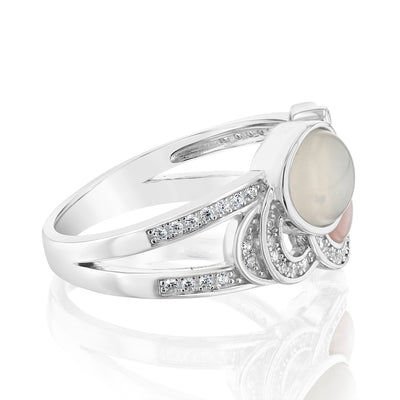 Sterling Silver Rhodium Plated Cubic Zirconia Pink Shell Pearl Moonstone Fancy Ring