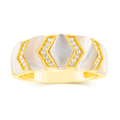 Sterling Silver Gold Plated Cubic Zirconia White Shell Pearl Fancy Ring