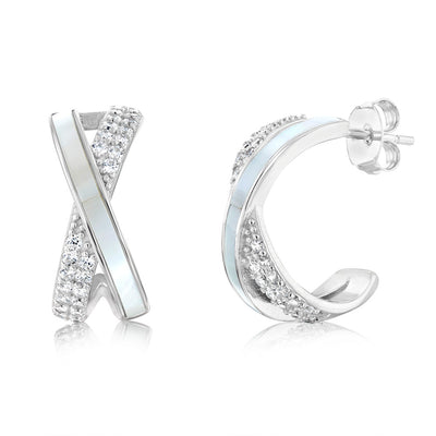 Sterling Silver Rhodium Plated Cubic Zirconia White Shell Pearl Cross Over Half Hoop Earrings