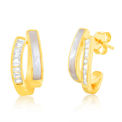 Sterling Silver Gold Plated Cubic Zirconia White Shell Pearl Half Hoop Earrings