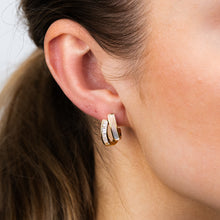Load image into Gallery viewer, Sterling Silver Gold Plated Cubic Zirconia White Shell Pearl Half Hoop Earrings