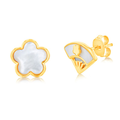 Sterling Silver Gold Plated White Shell Pearl Mismatched Stud Earrings