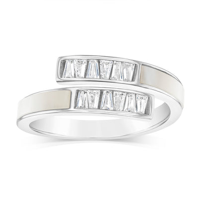 Sterling Silver Rhodium Plated White Shell Pearl And Cubic Zirconia Crossover Ring