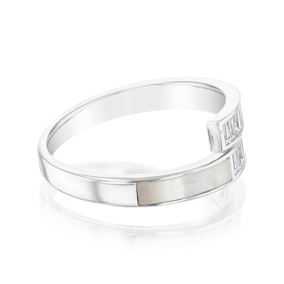 Sterling Silver Rhodium Plated White Shell Pearl And Cubic Zirconia Crossover Ring