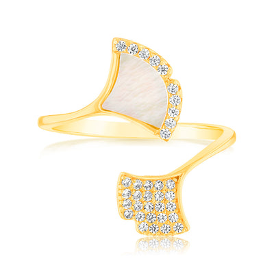 Sterling Silver Gold Plated Cubic Zirconia White Shell Pearl Dolphin Tail Ring