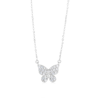 Sterling Silver Rhodium Plated Cubic Zirconia Butterfly Pendant On Chain