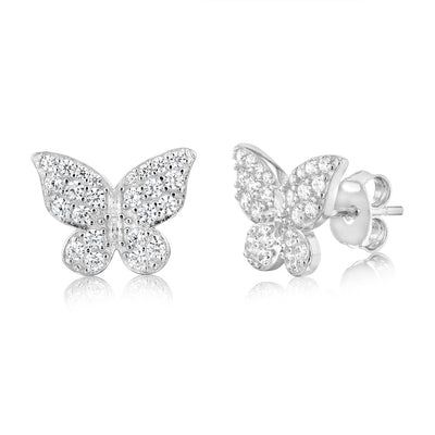 Sterling Silver Rhodium Plated Cubic Zirconia Butterfly Stud Earrings