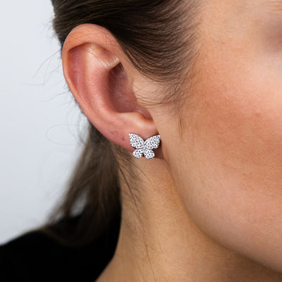 Sterling Silver Rhodium Plated Cubic Zirconia Butterfly Stud Earrings