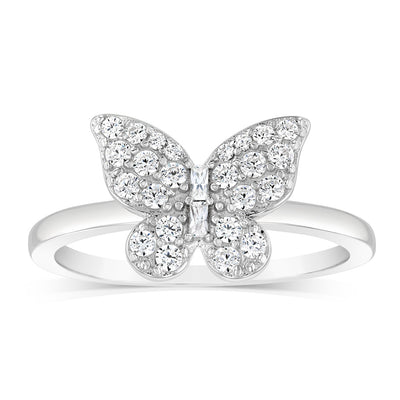 Sterling Silver Rhodium Plated Cubic Zirconia Butterfly Ring